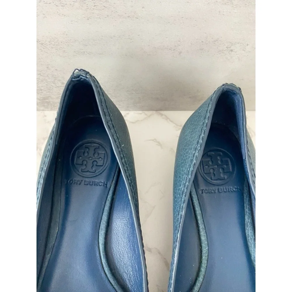 Tory Burch Navy Blue Leather Leticia Wedge Pumps Sz 6M Blue Logo Office Work